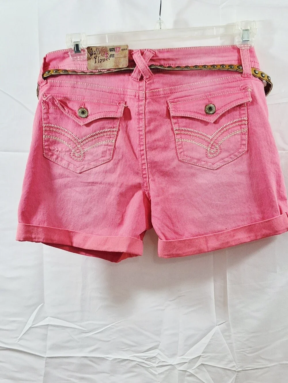Wallflower Pink Siesta Distressed Low Rise Denim Shorts with Studded Tan Belt